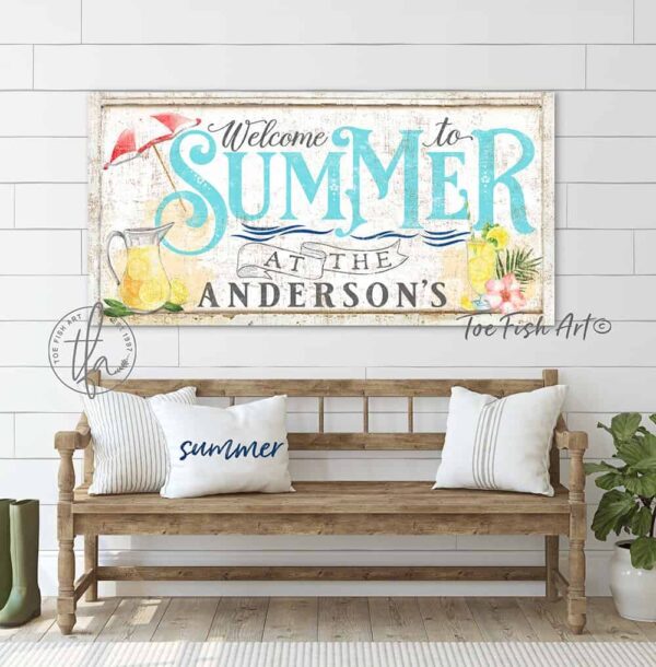 Welcome To Summer Sign handmade by ToeFishArt. Original, custom, personalized wall decor signs. Canvas, Wood or Metal. Rustic modern farmhouse, cottagecore, vintage, retro, industrial, Americana, primitive, country, coastal, minimalist.