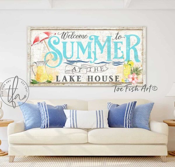 Welcome To Summer Sign handmade by ToeFishArt. Original, custom, personalized wall decor signs. Canvas, Wood or Metal. Rustic modern farmhouse, cottagecore, vintage, retro, industrial, Americana, primitive, country, coastal, minimalist.