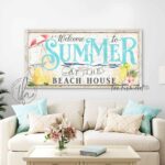 Welcome To Summer Sign handmade by ToeFishArt. Original, custom, personalized wall decor signs. Canvas, Wood or Metal. Rustic modern farmhouse, cottagecore, vintage, retro, industrial, Americana, primitive, country, coastal, minimalist.