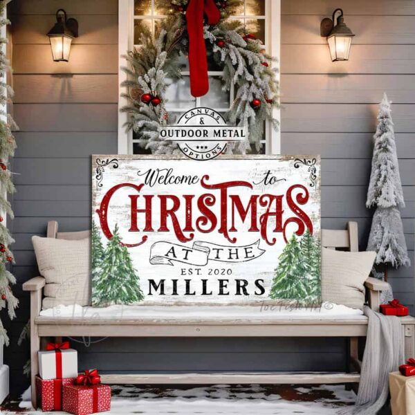 Welcome to Christmas Personalized Sign family name wall hanging canvas or outdoor metal for exterior Christmas decoration holiday curb appeal nostalgic winter seasonal artwork wall decor handmade in the USA by the Toe Fish Art family artists. Original, custom, personalized wall decor signs. Canvas, Wood or Metal. Rustic modern farmhouse, cottagecore, vintage, retro, industrial, Americana, primitive, country, coastal, minimalist.