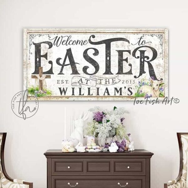 Welcome to Easter Sign w/Cross & Lamb handmade by ToeFishArt. Original, custom, personalized wall decor signs. Canvas, Wood or Metal. Rustic modern farmhouse, cottagecore, vintage, retro, industrial, Americana, primitive, country, coastal, minimalist.