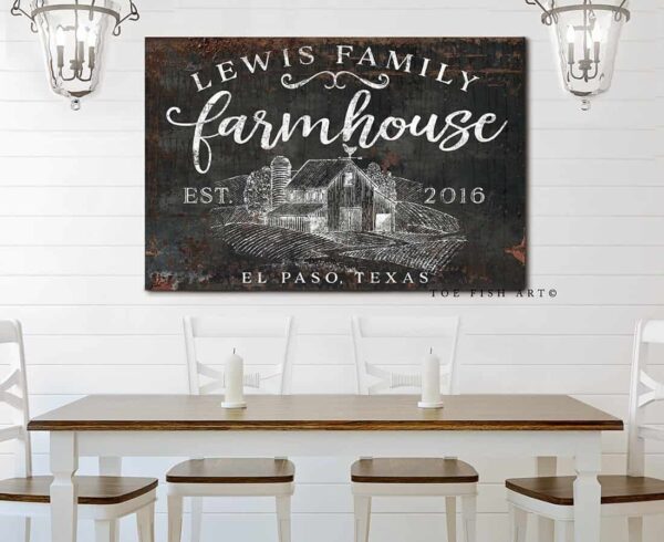 Welcome to Our Home Farmhouse Sign handmade by ToeFishArt. Original, custom, personalized wall decor signs. Canvas, Wood or Metal. Rustic modern farmhouse, cottagecore, vintage, retro, industrial, Americana, primitive, country, coastal, minimalist.