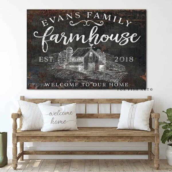 Welcome to Our Home Farmhouse Sign handmade by ToeFishArt. Original, custom, personalized wall decor signs. Canvas, Wood or Metal. Rustic modern farmhouse, cottagecore, vintage, retro, industrial, Americana, primitive, country, coastal, minimalist.