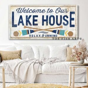 Welcome to Our Lake House Sign handmade by ToeFishArt. Original, custom, personalized wall decor signs. Canvas, Wood or Metal. Rustic modern farmhouse, cottagecore, vintage, retro, industrial, Americana, primitive, country, coastal, minimalist.