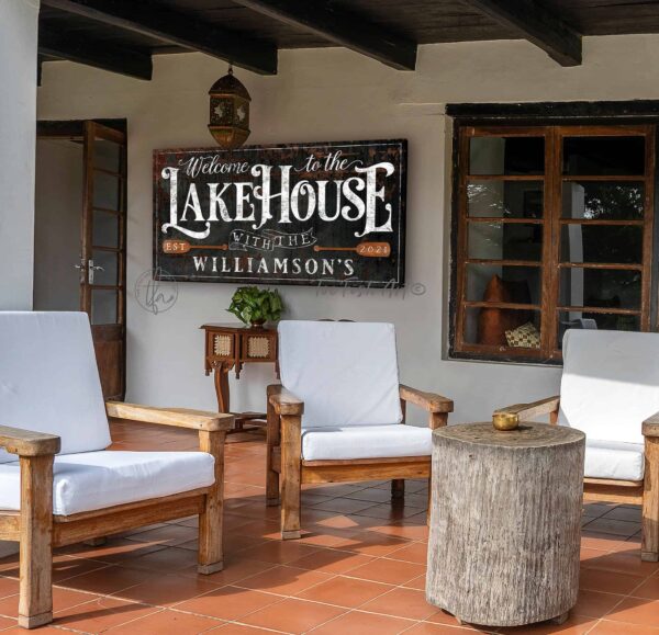 Welcome to the Lake House Sign handmade by ToeFishArt. Original, custom, personalized wall decor signs. Canvas, Wood or Metal. Rustic modern farmhouse, cottagecore, vintage, retro, industrial, Americana, primitive, country, coastal, minimalist.
