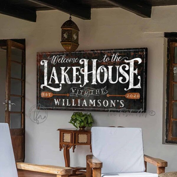 Welcome to the Lake House Sign handmade by ToeFishArt. Original, custom, personalized wall decor signs. Canvas, Wood or Metal. Rustic modern farmhouse, cottagecore, vintage, retro, industrial, Americana, primitive, country, coastal, minimalist.