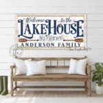 Welcome to the Lake House Sign handmade by ToeFishArt. Original, custom, personalized wall decor signs. Canvas, Wood or Metal. Rustic modern farmhouse, cottagecore, vintage, retro, industrial, Americana, primitive, country, coastal, minimalist.