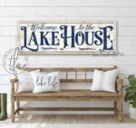 Welcome to the Lake House Sign handmade by ToeFishArt. Original, custom, personalized wall decor signs. Canvas, Wood or Metal. Rustic modern farmhouse, cottagecore, vintage, retro, industrial, Americana, primitive, country, coastal, minimalist.