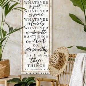 Whatever Is True Sign Sign handmade by ToeFishArt. Original, custom, personalized wall decor signs. Canvas, Wood or Metal. Rustic modern farmhouse, cottagecore, vintage, retro, industrial, Americana, primitive, country, coastal, minimalist.