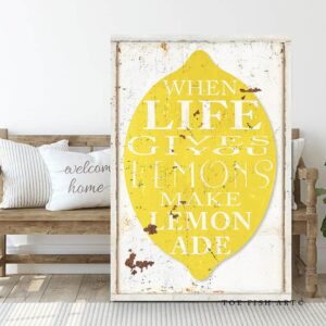 When Life Gives You Lemons Sign handmade by ToeFishArt. Original, custom, personalized wall decor signs. Canvas, Wood or Metal. Rustic modern farmhouse, cottagecore, vintage, retro, industrial, Americana, primitive, country, coastal, minimalist.