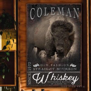 Whiskey Sign handmade by ToeFishArt. Original, custom, personalized wall decor signs. Canvas, Wood or Metal. Rustic modern farmhouse, cottagecore, vintage, retro, industrial, Americana, primitive, country, coastal, minimalist.