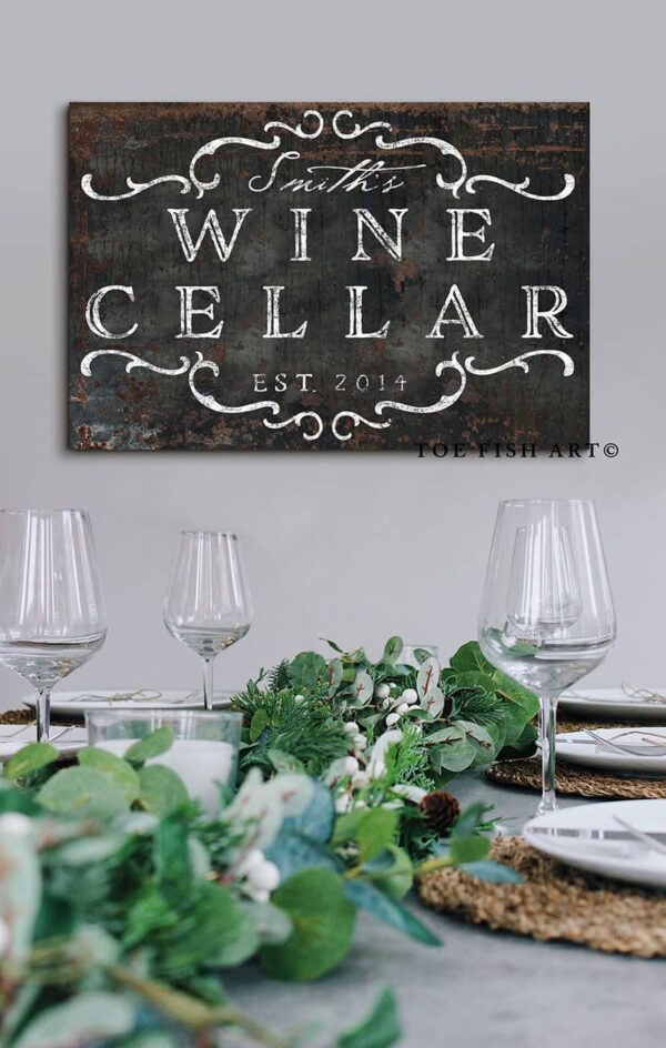 Wine Cellar Sign handmade by ToeFishArt. Original, custom, personalized wall decor signs. Canvas, Wood or Metal. Rustic modern farmhouse, cottagecore, vintage, retro, industrial, Americana, primitive, country, coastal, minimalist.