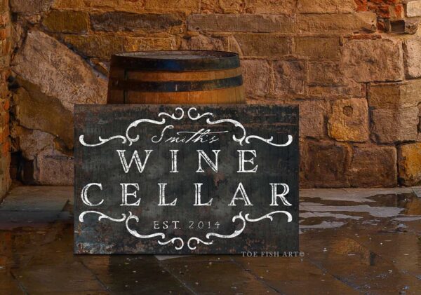 Wine Cellar Sign handmade by ToeFishArt. Original, custom, personalized wall decor signs. Canvas, Wood or Metal. Rustic modern farmhouse, cottagecore, vintage, retro, industrial, Americana, primitive, country, coastal, minimalist.