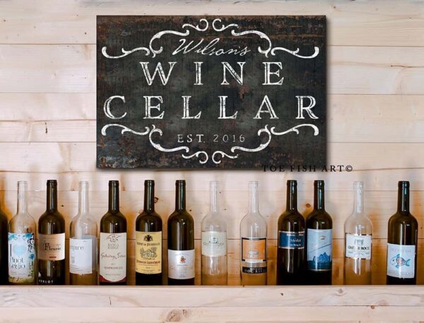 Wine Cellar Sign handmade by ToeFishArt. Original, custom, personalized wall decor signs. Canvas, Wood or Metal. Rustic modern farmhouse, cottagecore, vintage, retro, industrial, Americana, primitive, country, coastal, minimalist.