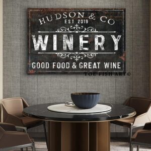 Winery Sign handmade by ToeFishArt. Original, custom, personalized wall decor signs. Canvas, Wood or Metal. Rustic modern farmhouse, cottagecore, vintage, retro, industrial, Americana, primitive, country, coastal, minimalist.