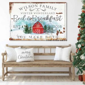 Winter Wonderland Bed & Breakfast Sign handmade by ToeFishArt. Original, custom, personalized wall decor signs. Canvas, Wood or Metal. Rustic modern farmhouse, cottagecore, vintage, retro, industrial, Americana, primitive, country, coastal, minimalist.