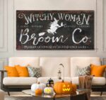 Witchy Woman Broom Co. Sign handmade by ToeFishArt. Original, custom, personalized wall decor signs. Canvas, Wood or Metal. Rustic modern farmhouse, cottagecore, vintage, retro, industrial, Americana, primitive, country, coastal, minimalist.