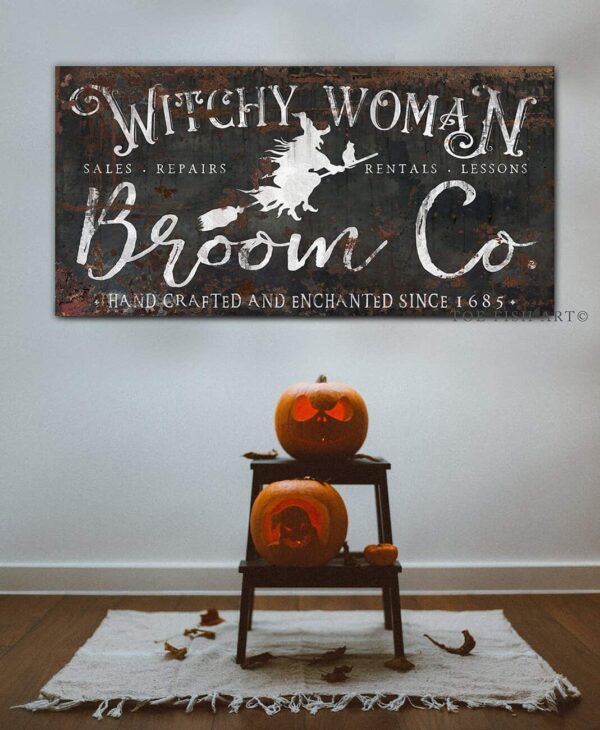 Witchy Woman Broom Co. Sign handmade by ToeFishArt. Original, custom, personalized wall decor signs. Canvas, Wood or Metal. Rustic modern farmhouse, cottagecore, vintage, retro, industrial, Americana, primitive, country, coastal, minimalist.