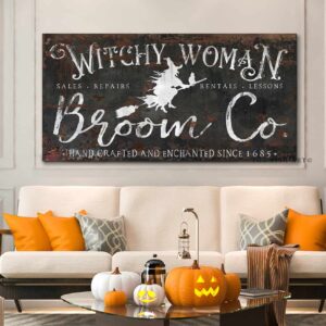 Witchy Woman Broom Co. Sign handmade by ToeFishArt. Original, custom, personalized wall decor signs. Canvas, Wood or Metal. Rustic modern farmhouse, cottagecore, vintage, retro, industrial, Americana, primitive, country, coastal, minimalist.