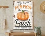 You Pick Pumpkin Patch Sign handmade by ToeFishArt. Original, custom, personalized wall decor signs. Canvas, Wood or Metal. Rustic modern farmhouse, cottagecore, vintage, retro, industrial, Americana, primitive, country, coastal, minimalist.