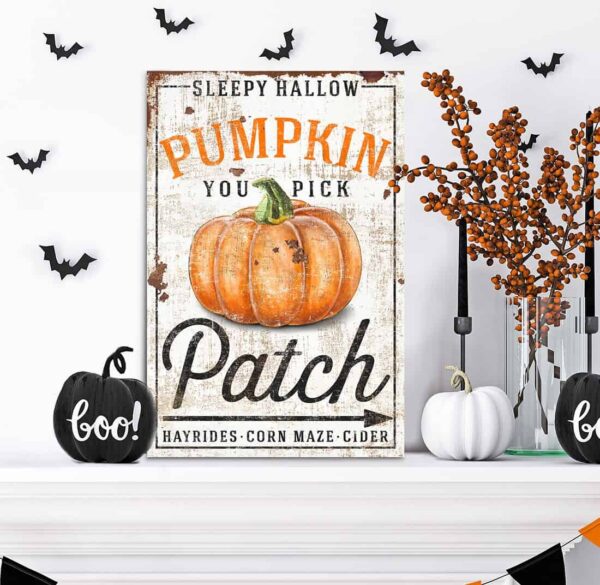 You Pick Pumpkin Patch Sign handmade by ToeFishArt. Original, custom, personalized wall decor signs. Canvas, Wood or Metal. Rustic modern farmhouse, cottagecore, vintage, retro, industrial, Americana, primitive, country, coastal, minimalist.