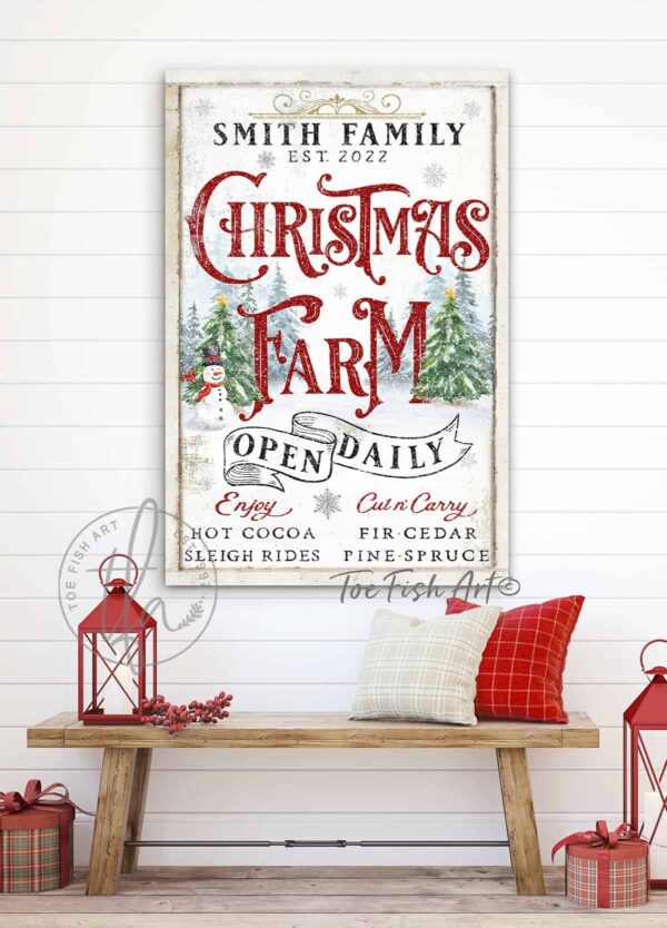 Christmas Farm Open Daily Personalized Family Name Sign holiday decoration handmade by ToeFishArt. Original, custom, personalized wall decor signs. Canvas, Wood or Metal. Rustic modern farmhouse, cottagecore, vintage, retro, industrial, Americana, primitive, country, coastal, minimalist.