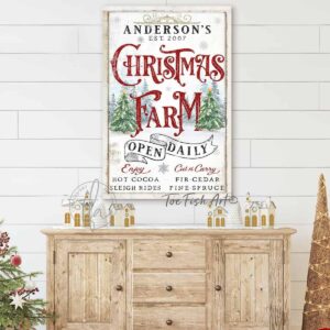 Christmas Farm Open Daily Personalized Family Name Sign holiday decoration handmade by ToeFishArt. Original, custom, personalized wall decor signs. Canvas, Wood or Metal. Rustic modern farmhouse, cottagecore, vintage, retro, industrial, Americana, primitive, country, coastal, minimalist.