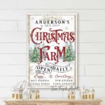 Christmas Farm Open Daily Personalized Family Name Sign holiday decoration handmade by ToeFishArt. Original, custom, personalized wall decor signs. Canvas, Wood or Metal. Rustic modern farmhouse, cottagecore, vintage, retro, industrial, Americana, primitive, country, coastal, minimalist.