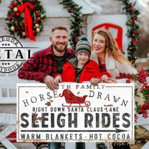 Horse Drawn Sleigh Rides Personalized Sign rustic modern farmhouse style indoor-outdoor metal winter holiday decoration handmade by ToeFishArt. Original, custom, personalized wall decor signs. Canvas, Wood or Metal. Rustic modern farmhouse, cottagecore, vintage, retro, industrial, Americana, primitive, country, coastal, minimalist.