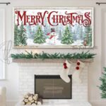 Merry Christmas Sign festive seasonal decoration with winter wonderland trees and snowman artwork handmade by ToeFishArt. Original, custom, personalized wall decor signs. Canvas, Wood or Metal. Rustic modern farmhouse, cottagecore, vintage, retro, industrial, Americana, primitive, country, coastal, minimalist.