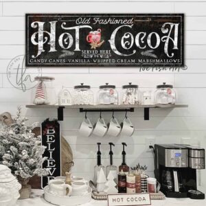 Old Fashioned Hot Cocoa Sign wall hanging decoration for your winter holidays coffee & cocoa bar handmade by ToeFishArt. Original, custom, personalized wall decor signs. Canvas, Wood or Metal. Rustic modern farmhouse, cottagecore, vintage, retro, industrial, Americana, primitive, country, coastal, minimalist.
