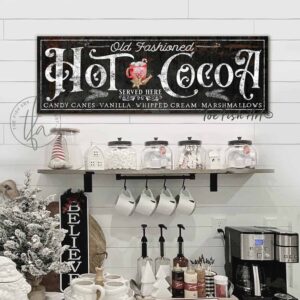 Old Fashioned Hot Cocoa Sign wall hanging decoration for your winter holidays coffee & cocoa bar handmade by ToeFishArt. Original, custom, personalized wall decor signs. Canvas, Wood or Metal. Rustic modern farmhouse, cottagecore, vintage, retro, industrial, Americana, primitive, country, coastal, minimalist.