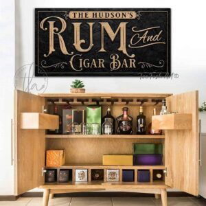 Rum and Cigar Bar Personalized Sign man cave & lounge wall art decor handmade by ToeFishArt. Original, custom, personalized wall decor signs. Canvas, Wood or Metal. Rustic modern farmhouse, cottagecore, vintage, retro, industrial, Americana, primitive, country, coastal, minimalist.