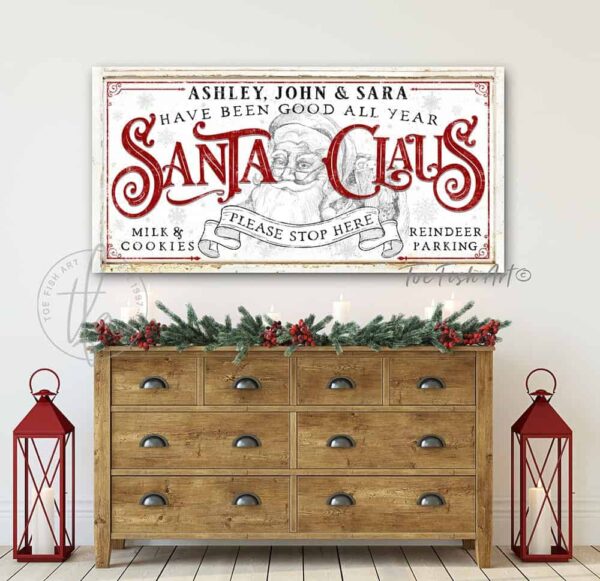 Santa Clause Please Stop Here Been Good All Year Personalized Family Name Sign Christmas decoration handmade by ToeFishArt. Original, custom, personalized wall decor signs. Canvas, Wood or Metal. Rustic modern farmhouse, cottagecore, vintage, retro, industrial, Americana, primitive, country, coastal, minimalist.