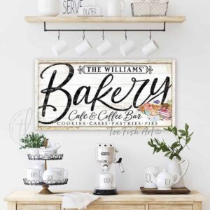 Bakery Café & Coffee Bar Sign, Personalized Options, Cottage Farmhouse Style handmade by ToeFishArt. Original, custom, personalized wall decor signs. Canvas, Wood or Metal. Rustic modern farmhouse, cottagecore, vintage, retro, industrial, Americana, primitive, country, coastal, minimalist.