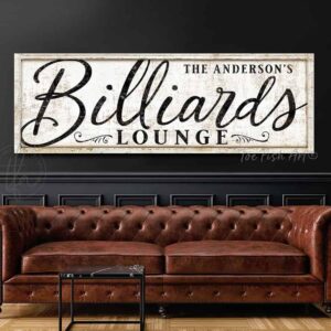 Billiards Lounge Personalized Name Sign, Modern Farmhouse Wall Decor for Pool Table Game Room, Lower Level Basement Bar, Garage, Mancave handmade by ToeFishArt. Original, custom, personalized wall decor signs. Canvas, Wood or Metal. Rustic modern farmhouse, cottagecore, vintage, retro, industrial, Americana, primitive, country, coastal, minimalist.