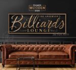 Billiards Lounge Personalized Sign, Farmhouse Wall Decor for Pool Table Game Room, Lower Level Basement Bar, Garage, Mancave, Framed Hardwood Shiplap handmade by ToeFishArt. Original, custom, personalized wall decor signs. Canvas, Wood or Metal. Rustic modern farmhouse, cottagecore, vintage, retro, industrial, Americana, primitive, country, coastal, minimalist.