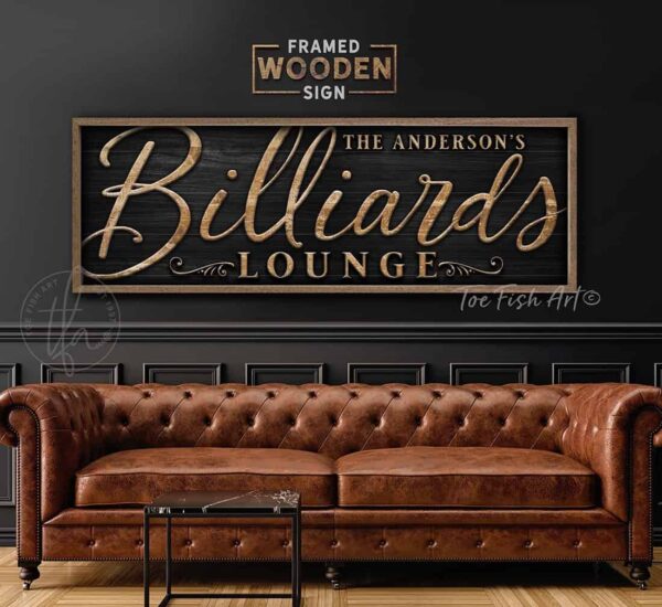 Billiards Lounge Personalized Sign, Farmhouse Wall Decor for Pool Table Game Room, Lower Level Basement Bar, Garage, Mancave, Framed Hardwood Shiplap handmade by ToeFishArt. Original, custom, personalized wall decor signs. Canvas, Wood or Metal. Rustic modern farmhouse, cottagecore, vintage, retro, industrial, Americana, primitive, country, coastal, minimalist.