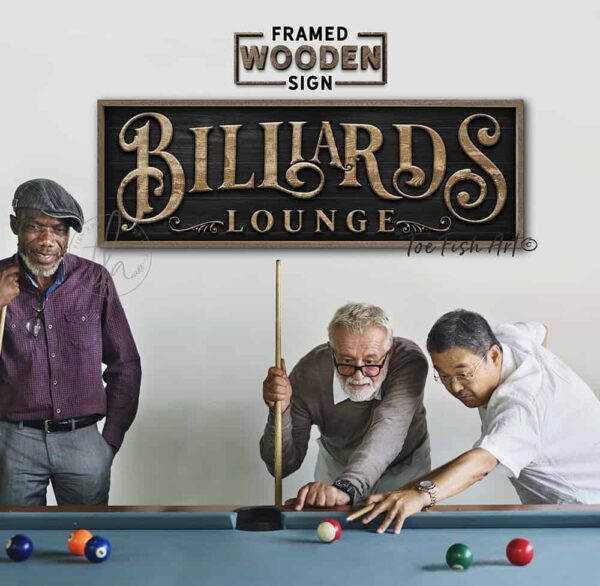 Billiards Lounge Personalized Sign, Stylish Wall Decor for Pool Table Game Room, Lower Level Basement Bar, Garage, Mancave, Framed Hardwood Shiplap handmade by ToeFishArt. Original, custom, personalized wall decor signs. Canvas, Wood or Metal. Rustic modern farmhouse, cottagecore, vintage, retro, industrial, Americana, primitive, country, coastal, minimalist.