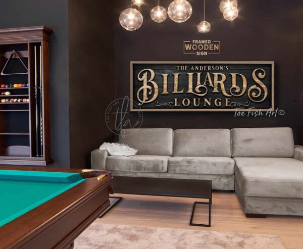 Billiards Lounge Personalized Sign, Stylish Wall Decor for Pool Table Game Room, Lower Level Basement Bar, Garage, Mancave, Framed Hardwood Shiplap handmade by ToeFishArt. Original, custom, personalized wall decor signs. Canvas, Wood or Metal. Rustic modern farmhouse, cottagecore, vintage, retro, industrial, Americana, primitive, country, coastal, minimalist.