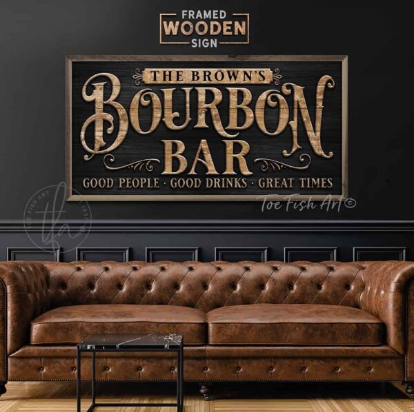 Bourbon Bar Personalized Name Sign, Modern Farmhouse Wall Decor for Lower Level Basement, Mancave, Framed Hardwood Shiplap handmade by ToeFishArt. Original, custom, personalized wall decor signs. Canvas, Wood or Metal. Rustic modern farmhouse, cottagecore, vintage, retro, industrial, Americana, primitive, country, coastal, minimalist.