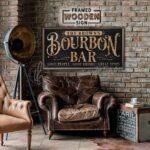 Bourbon Bar Personalized Name Sign, Modern Farmhouse Wall Decor for Lower Level Basement, Mancave, Framed Hardwood Shiplap handmade by ToeFishArt. Original, custom, personalized wall decor signs. Canvas, Wood or Metal. Rustic modern farmhouse, cottagecore, vintage, retro, industrial, Americana, primitive, country, coastal, minimalist.