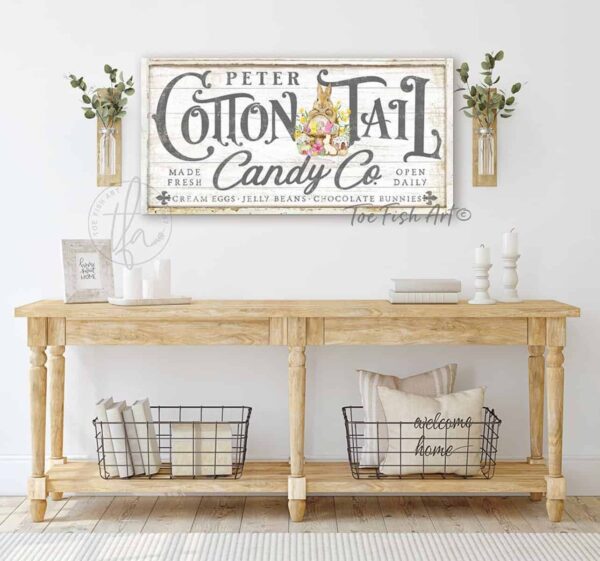 Cottontail Candy Co. Sign, Spring Decor Easter Decoration, Easter Bunny Basket Artwork, Farmhouse Style handmade by ToeFishArt. Original, custom, personalized wall decor signs. Canvas, Wood or Metal. Rustic modern farmhouse, cottagecore, vintage, retro, industrial, Americana, primitive, country, coastal, minimalist.