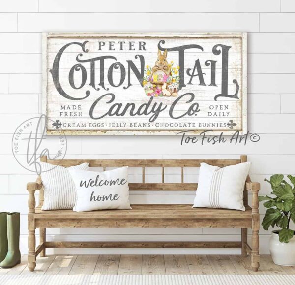 Cottontail Candy Co. Sign, Spring Decor Easter Decoration, Easter Bunny Basket Artwork, Farmhouse Style handmade by ToeFishArt. Original, custom, personalized wall decor signs. Canvas, Wood or Metal. Rustic modern farmhouse, cottagecore, vintage, retro, industrial, Americana, primitive, country, coastal, minimalist.