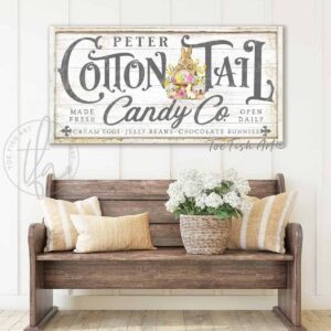 Cottontail Candy Co. Sign, Spring Decor Easter Decoration, Easter Bunny Basket Artwork, Farmhouse Style handmade by ToeFishArt. Original, custom, personalized wall decor signs. Canvas, Wood or Metal. Rustic modern farmhouse, cottagecore, vintage, retro, industrial, Americana, primitive, country, coastal, minimalist.