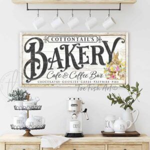 Cottontail's Bakery Café & Coffee Bar Easter Decoration Spring Décor Sign, Vintage Farmhouse Style handmade by ToeFishArt. Original, custom, personalized wall decor signs. Canvas, Wood or Metal. Rustic modern farmhouse, cottagecore, vintage, retro, industrial, Americana, primitive, country, coastal, minimalist.