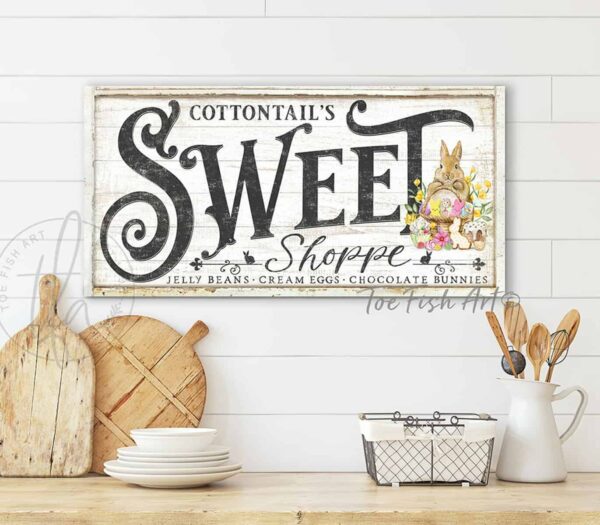 Cottontail's Sweet Shoppe Candy Easter Decoration Spring Décor Sign, Cottage Farmhouse Style handmade by ToeFishArt. Original, custom, personalized wall decor signs. Canvas, Wood or Metal. Rustic modern farmhouse, cottagecore, vintage, retro, industrial, Americana, primitive, country, coastal, minimalist.