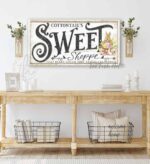 Cottontail's Sweet Shoppe Candy Easter Decoration Spring Décor Sign, Cottage Farmhouse Style handmade by ToeFishArt. Original, custom, personalized wall decor signs. Canvas, Wood or Metal. Rustic modern farmhouse, cottagecore, vintage, retro, industrial, Americana, primitive, country, coastal, minimalist.