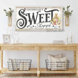 Cottontail's Sweet Shoppe Candy Easter Decoration Spring Décor Sign, Cottage Farmhouse Style handmade by ToeFishArt. Original, custom, personalized wall decor signs. Canvas, Wood or Metal. Rustic modern farmhouse, cottagecore, vintage, retro, industrial, Americana, primitive, country, coastal, minimalist.