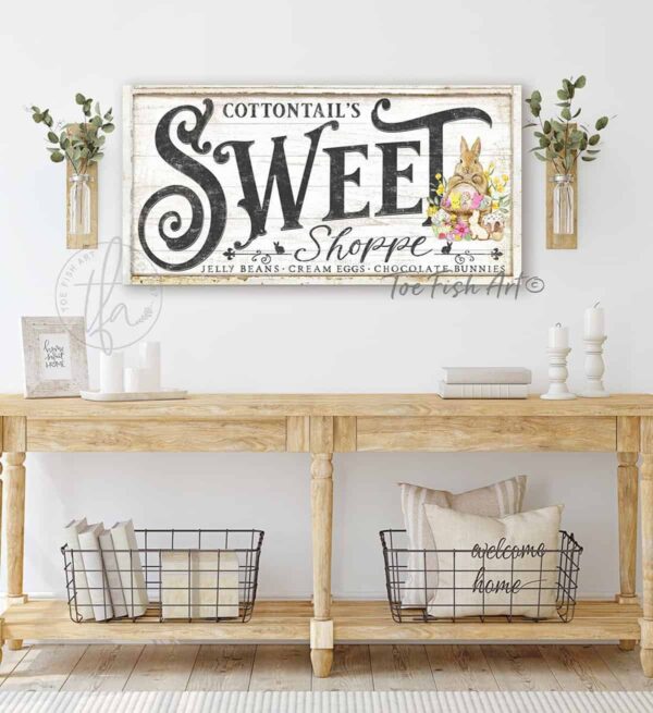 Cottontail's Sweet Shoppe Candy Easter Decoration Spring Décor Sign, Cottage Farmhouse Style handmade by ToeFishArt. Original, custom, personalized wall decor signs. Canvas, Wood or Metal. Rustic modern farmhouse, cottagecore, vintage, retro, industrial, Americana, primitive, country, coastal, minimalist.